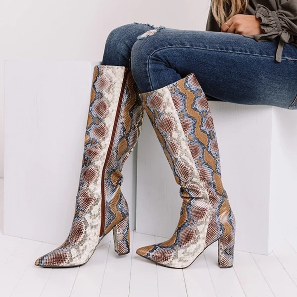 The Marsi Snake Print Knee High Boot In Navy